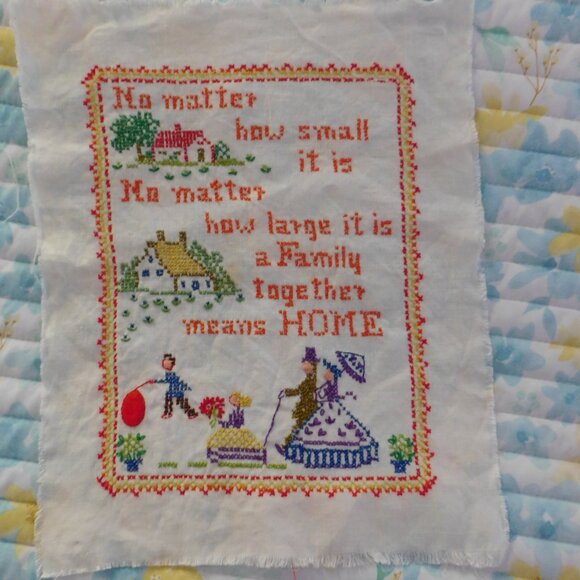 Vintage Cross Stitch Sampler Colonial Cottagecore Family Home Quote  11" x 13" - Picture 1 of 5